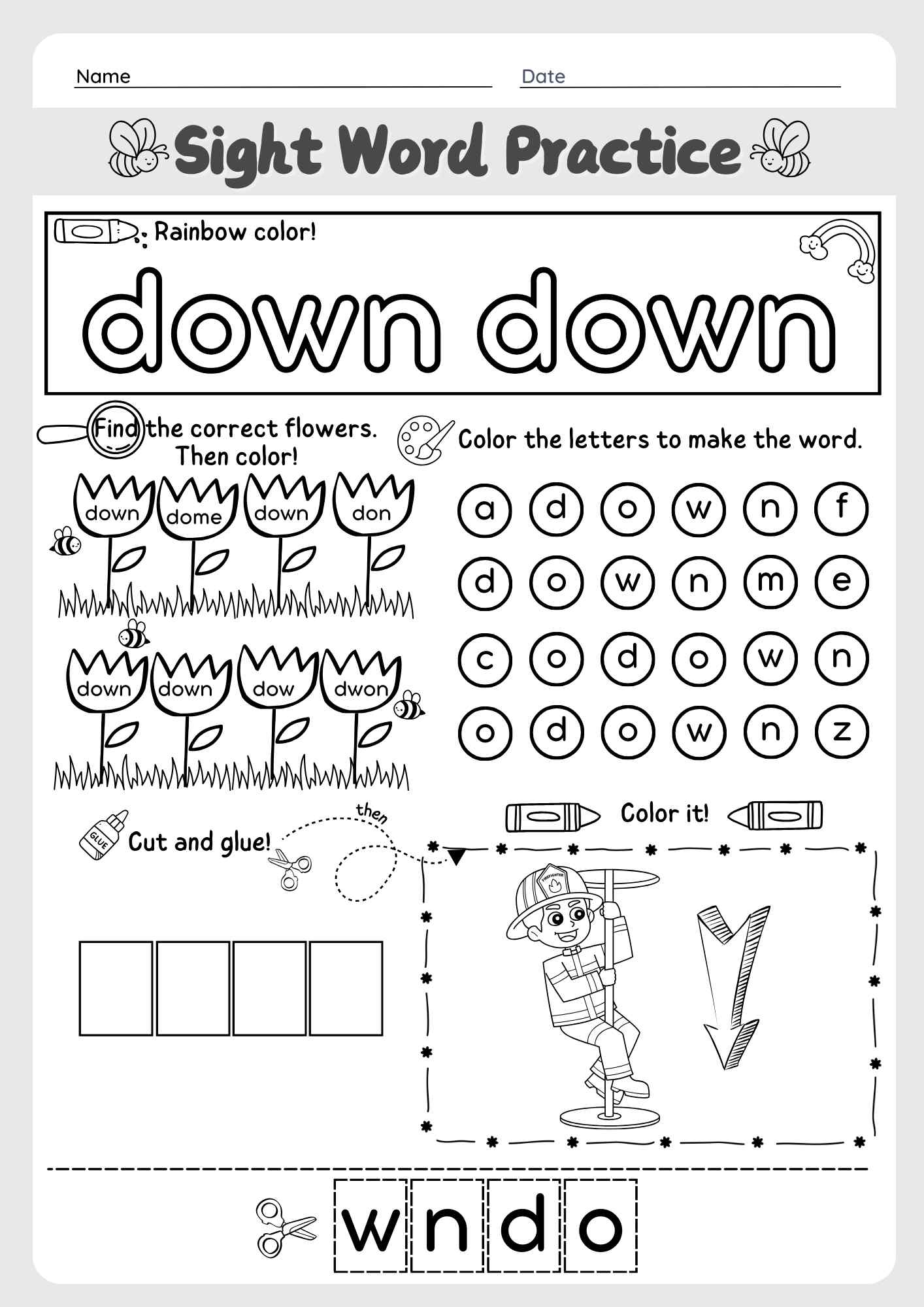 The Word "Down" Sight Word Cut and Paste Worksheet for Early Learners Pre K